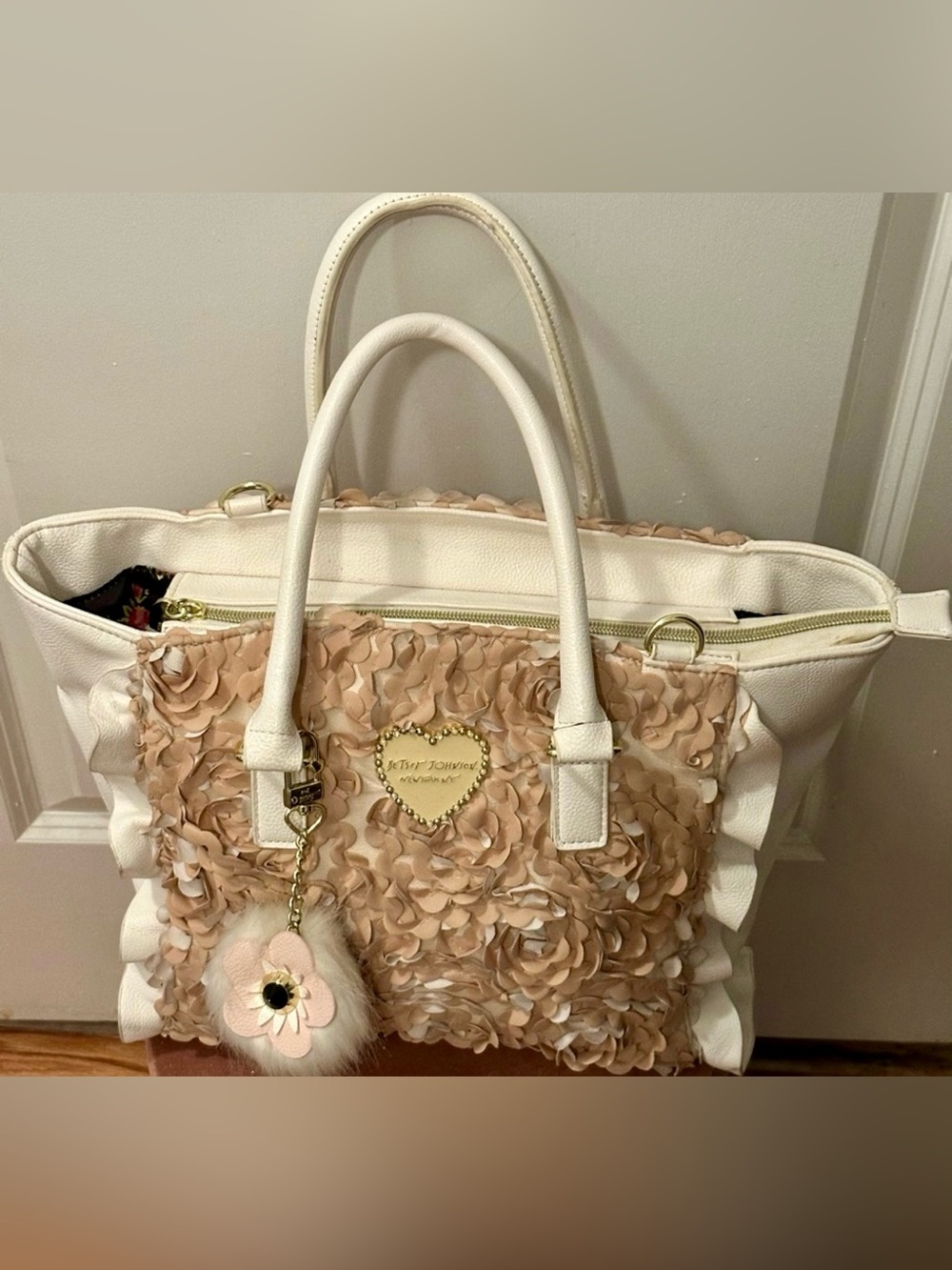 Betsey Johnson Cream & Blush Floral Applique Tote